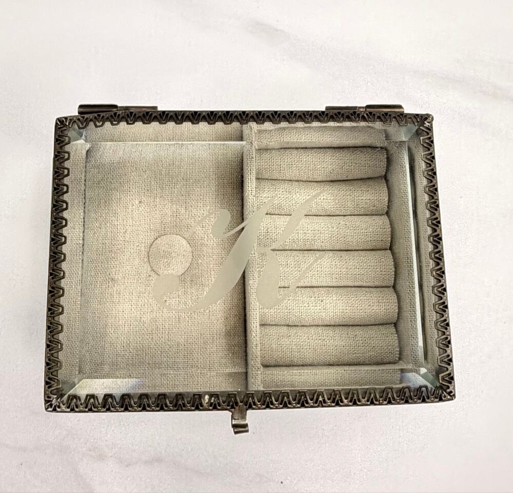 Nicole Miller Glass Jewelry Box Monogram Letter K Brass Decorative Display